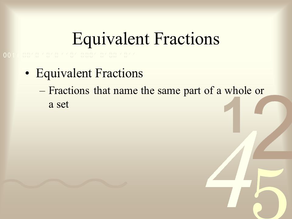 Equivalent Fractions –Fractions that name the same part of a whole or a set