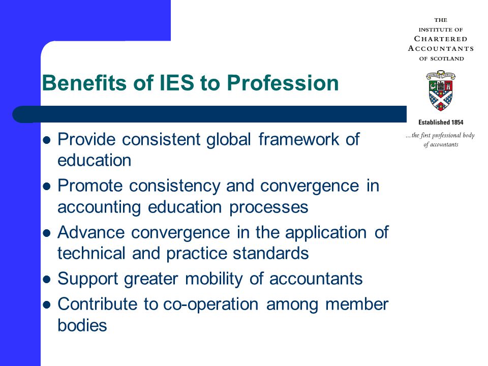 Benefits of IES to Profession Provide consistent global framework of education Promote consistency and convergence in accounting education processes Advance convergence in the application of technical and practice standards Support greater mobility of accountants Contribute to co-operation among member bodies