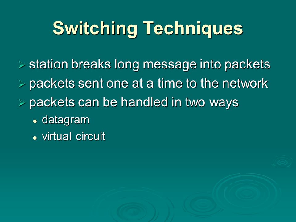 Switching Techniques  station breaks long message into packets  packets sent one at a time to the network  packets can be handled in two ways datagram datagram virtual circuit virtual circuit