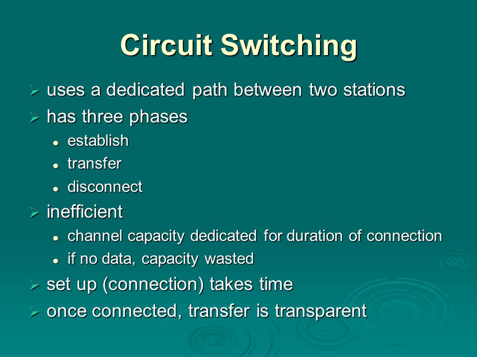 Circuit Switching  uses a dedicated path between two stations  has three phases establish establish transfer transfer disconnect disconnect  inefficient channel capacity dedicated for duration of connection channel capacity dedicated for duration of connection if no data, capacity wasted if no data, capacity wasted  set up (connection) takes time  once connected, transfer is transparent