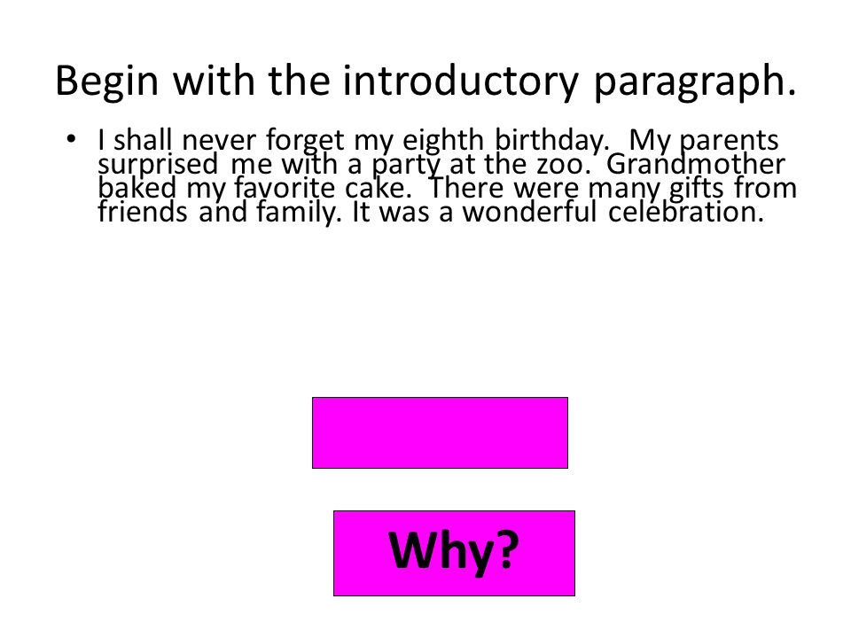 Begin with the introductory paragraph. Why. I shall never forget my eighth birthday.