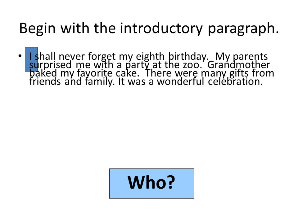 Begin with the introductory paragraph. Who. I shall never forget my eighth birthday.