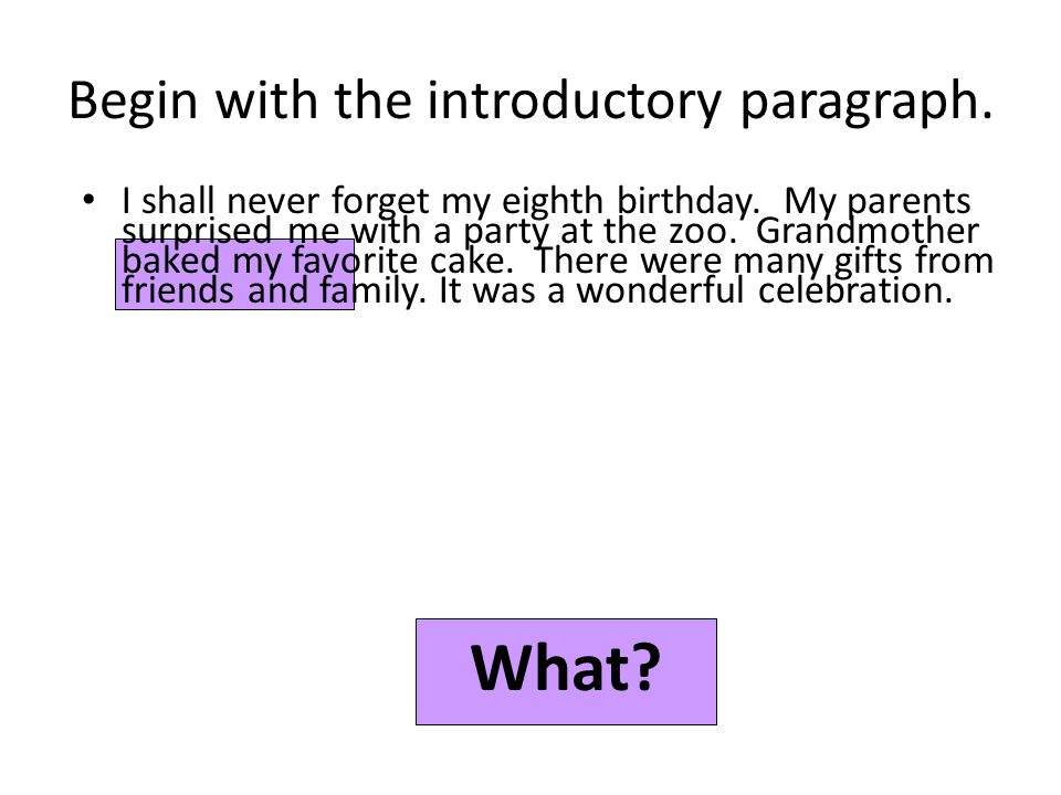 Begin with the introductory paragraph. What. I shall never forget my eighth birthday.