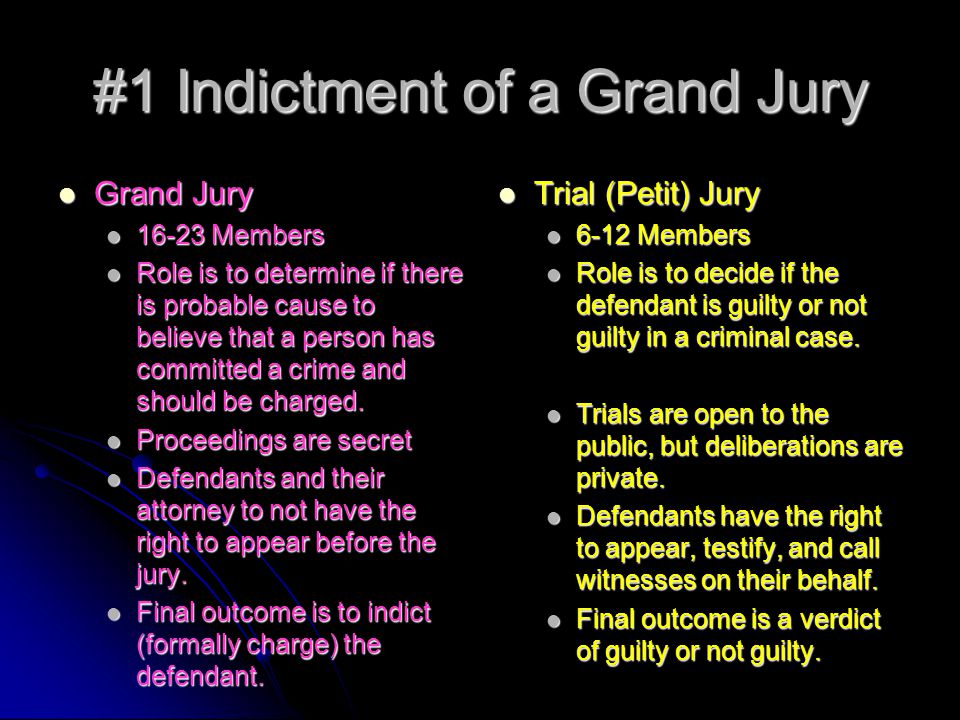 #1 Indictment of a Grand Jury Grand Jury Grand Jury Members Members Role is to determine if there is probable cause to believe that a person has committed a crime and should be charged.
