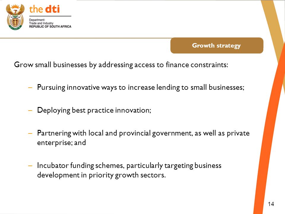 Growth strategy Grow small businesses by addressing access to finance constraints: –Pursuing innovative ways to increase lending to small businesses; –Deploying best practice innovation; –Partnering with local and provincial government, as well as private enterprise; and –Incubator funding schemes, particularly targeting business development in priority growth sectors.