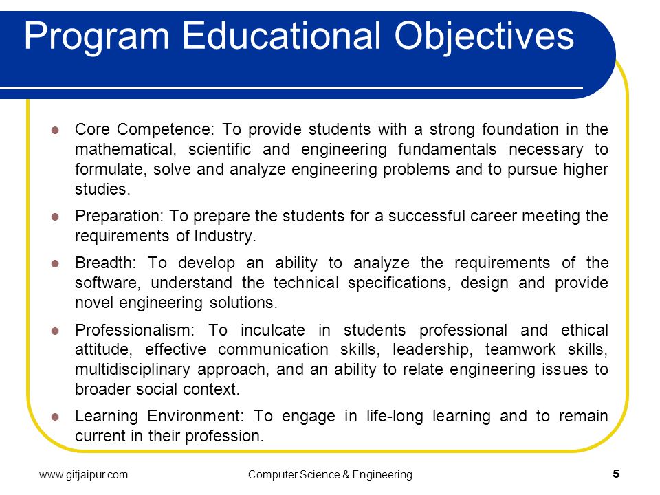 Program Educational Objectives Core Competence: To provide students with a strong foundation in the mathematical, scientific and engineering fundamentals necessary to formulate, solve and analyze engineering problems and to pursue higher studies.