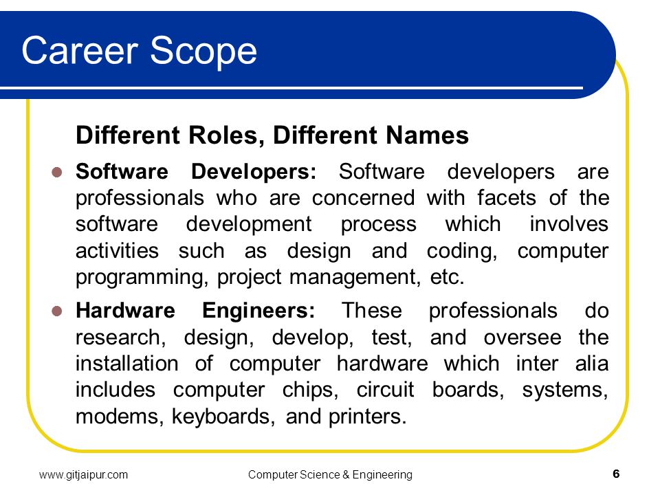 Career Scope Different Roles, Different Names Software Developers: Software developers are professionals who are concerned with facets of the software development process which involves activities such as design and coding, computer programming, project management, etc.