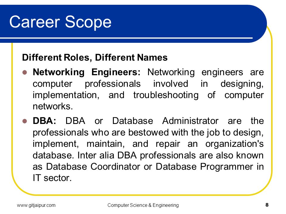 Career Scope Different Roles, Different Names Networking Engineers: Networking engineers are computer professionals involved in designing, implementation, and troubleshooting of computer networks.