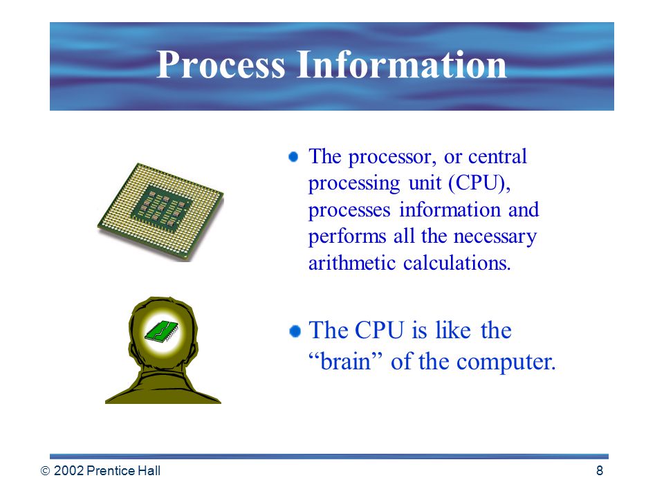  2002 Prentice Hall 7 Output Devices Computers produce information and send it to the outside world.
