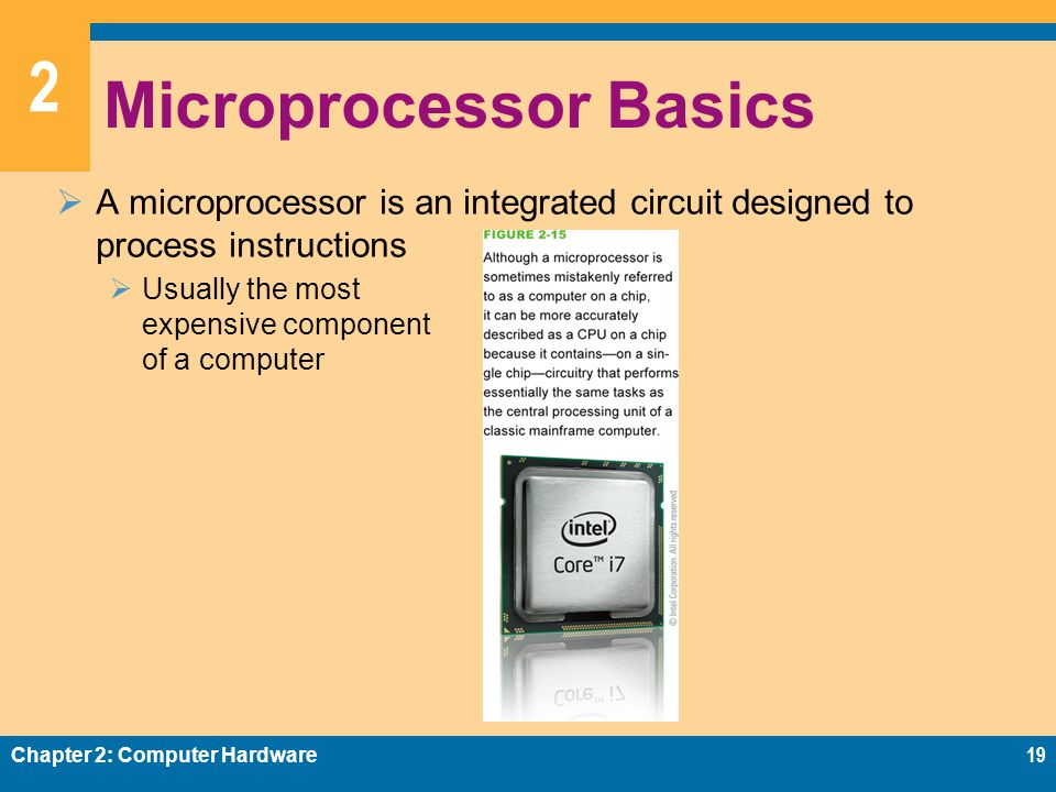 2 Microprocessor Basics  A microprocessor is an integrated circuit designed to process instructions  Usually the most expensive component of a computer Chapter 2: Computer Hardware19