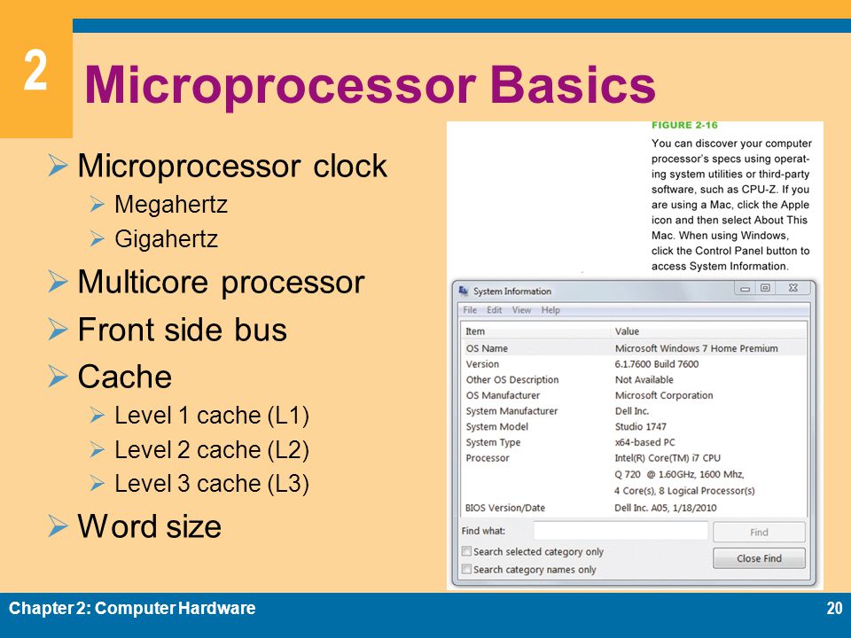 2 Microprocessor Basics  Microprocessor clock  Megahertz  Gigahertz  Multicore processor  Front side bus  Cache  Level 1 cache (L1)  Level 2 cache (L2)  Level 3 cache (L3)  Word size Chapter 2: Computer Hardware20