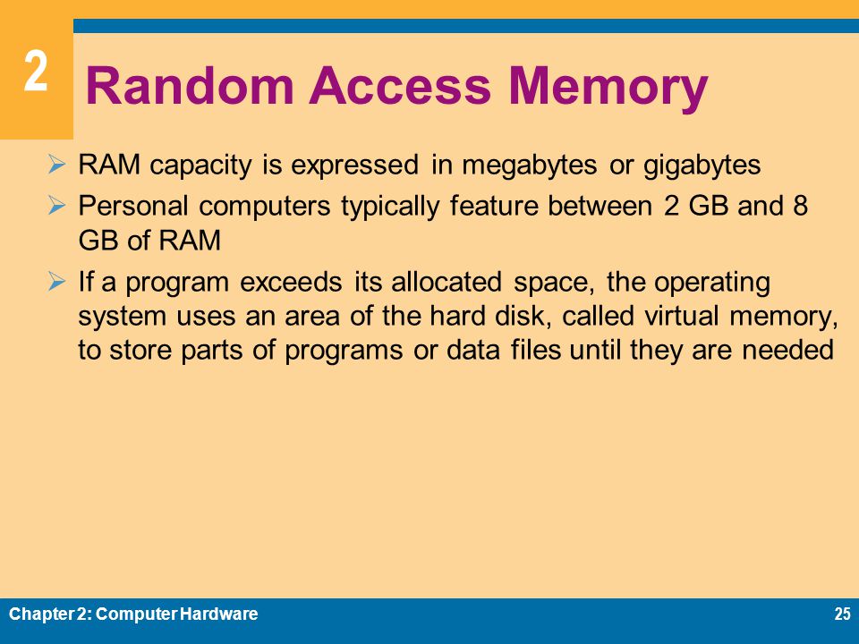 2 Random Access Memory  RAM capacity is expressed in megabytes or gigabytes  Personal computers typically feature between 2 GB and 8 GB of RAM  If a program exceeds its allocated space, the operating system uses an area of the hard disk, called virtual memory, to store parts of programs or data files until they are needed Chapter 2: Computer Hardware25
