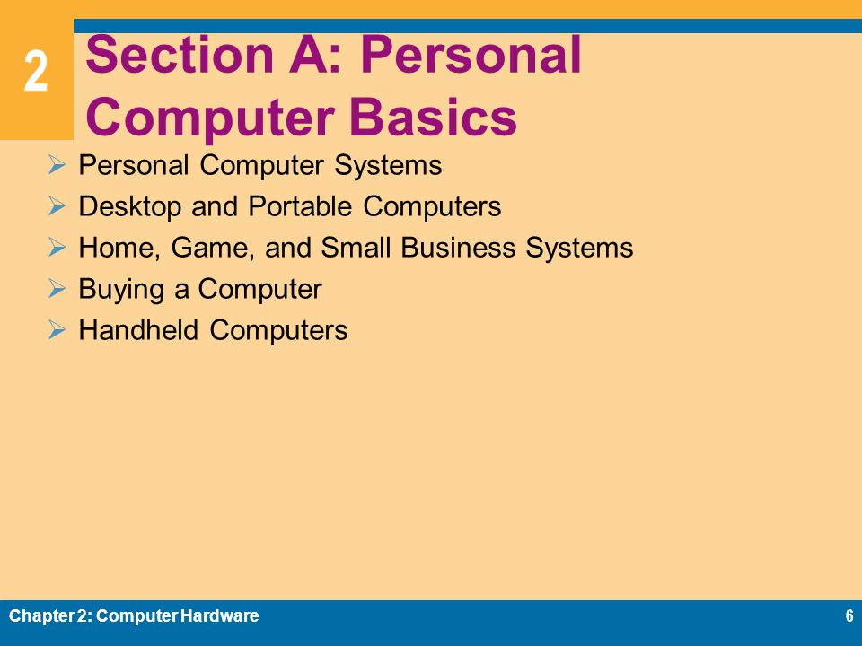2 Section A: Personal Computer Basics  Personal Computer Systems  Desktop and Portable Computers  Home, Game, and Small Business Systems  Buying a Computer  Handheld Computers Chapter 2: Computer Hardware6