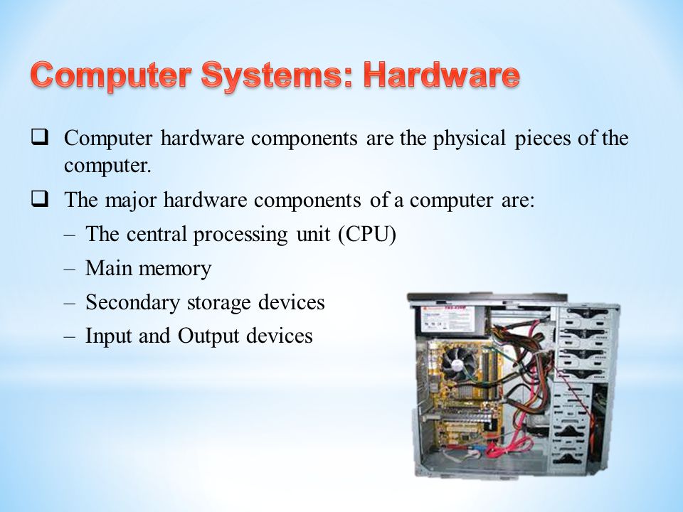  Computer hardware components are the physical pieces of the computer.