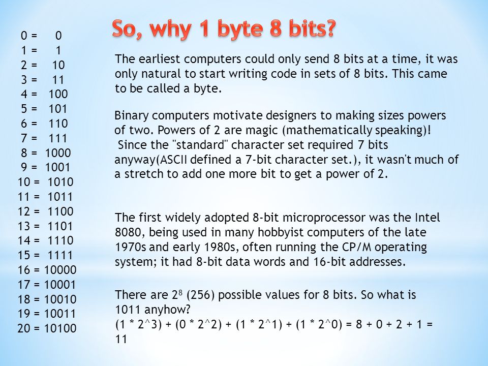 There are 2 8 (256) possible values for 8 bits. So what is 1011 anyhow.
