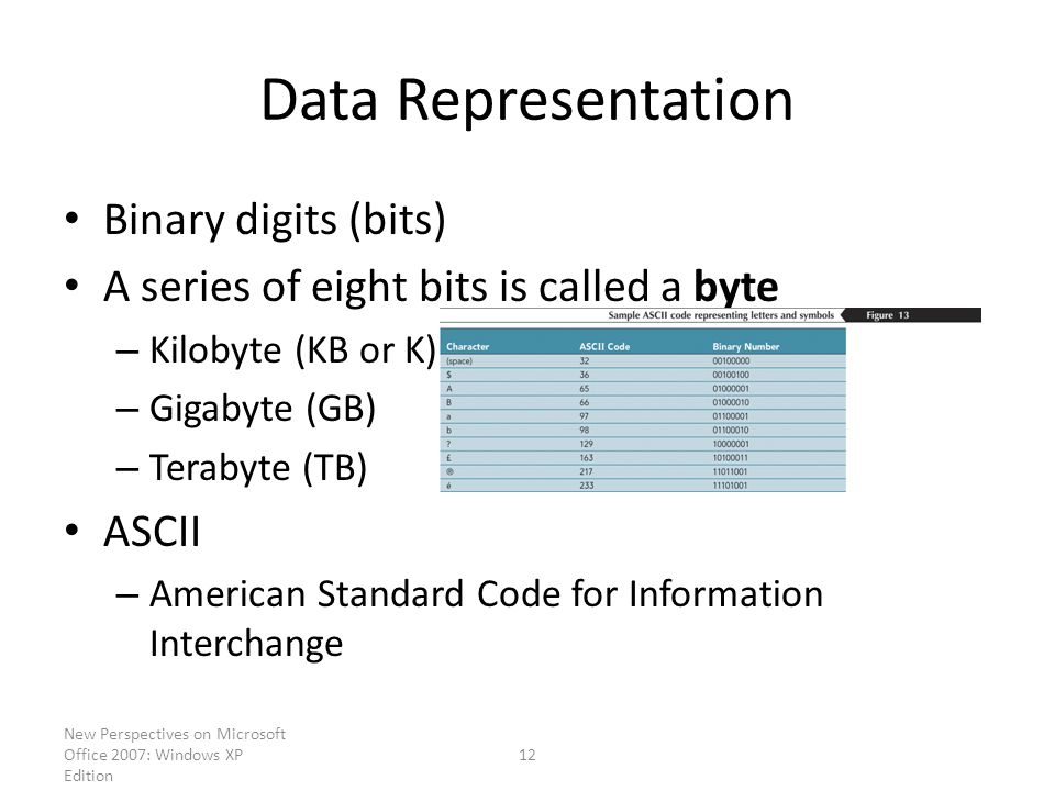 New Perspectives on Microsoft Office 2007: Windows XP Edition 12 Data Representation Binary digits (bits) A series of eight bits is called a byte – Kilobyte (KB or K) – Gigabyte (GB) – Terabyte (TB) ASCII – American Standard Code for Information Interchange