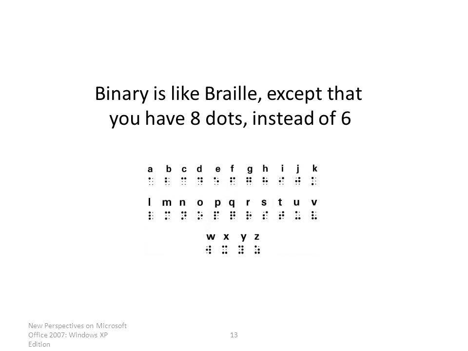 New Perspectives on Microsoft Office 2007: Windows XP Edition 13 Binary is like Braille, except that you have 8 dots, instead of 6