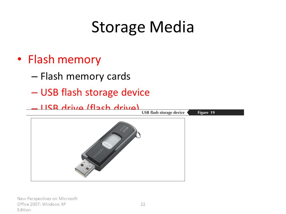 New Perspectives on Microsoft Office 2007: Windows XP Edition 22 Storage Media Flash memory – Flash memory cards – USB flash storage device – USB drive (flash drive)