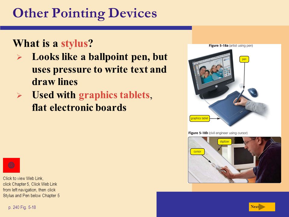 Other Pointing Devices What is a stylus. p. 240 Fig.