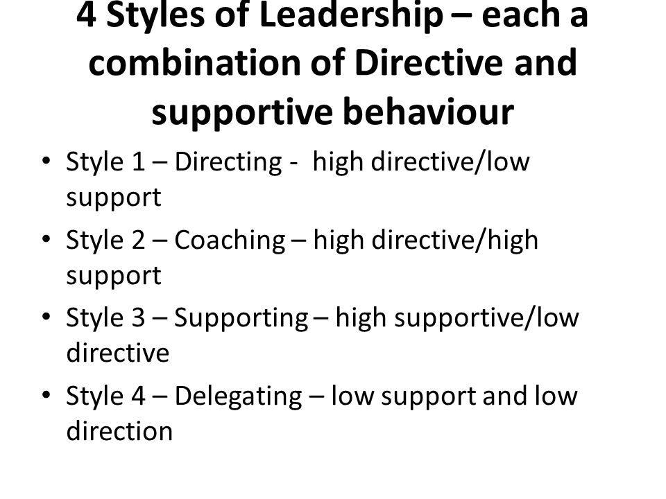 4 Styles of Leadership – each a combination of Directive and supportive behaviour Style 1 – Directing - high directive/low support Style 2 – Coaching – high directive/high support Style 3 – Supporting – high supportive/low directive Style 4 – Delegating – low support and low direction