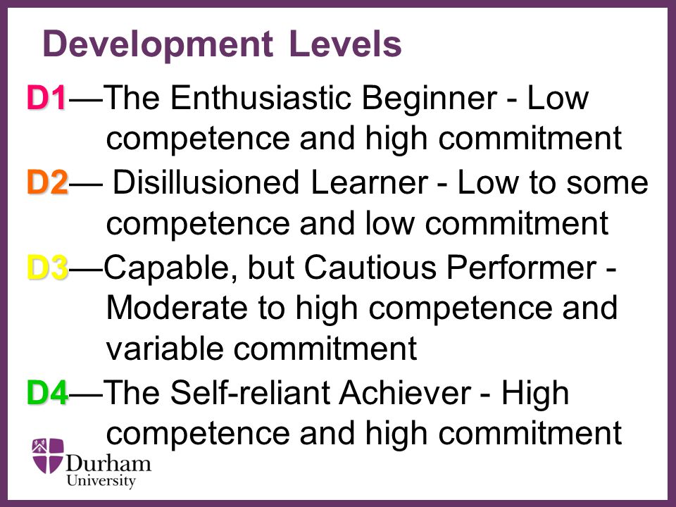 ∂ D1 D1—The Enthusiastic Beginner - Low competence and high commitment D2 D2— Disillusioned Learner - Low to some competence and low commitment D3 D3—Capable, but Cautious Performer - Moderate to high competence and variable commitment D4 D4—The Self-reliant Achiever - High competence and high commitment Development Levels
