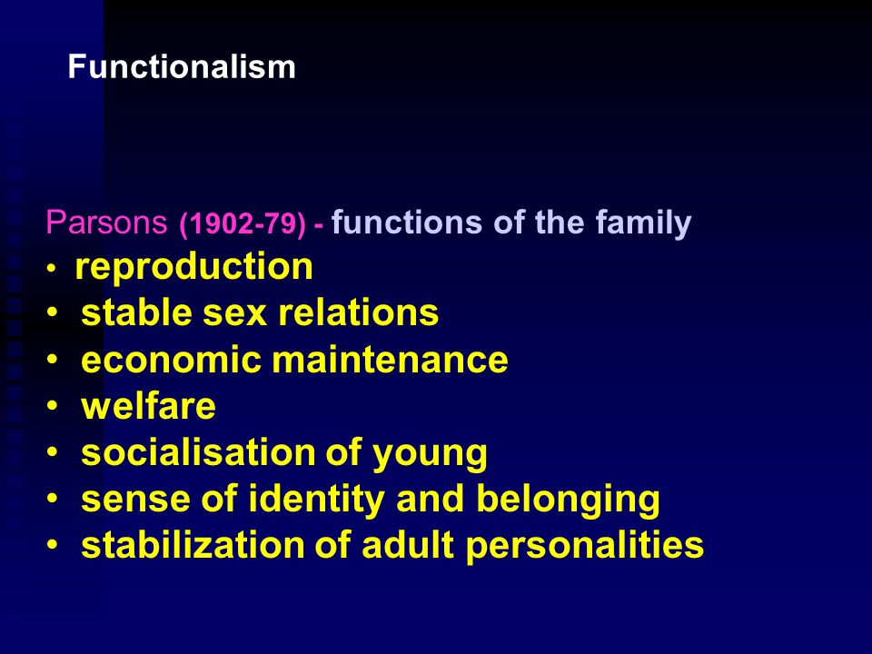 Functionalism To functionalists the family is at the heart of society and consequently they promote its value at every opportunity The New Right views of modern times are really neo-functionalism