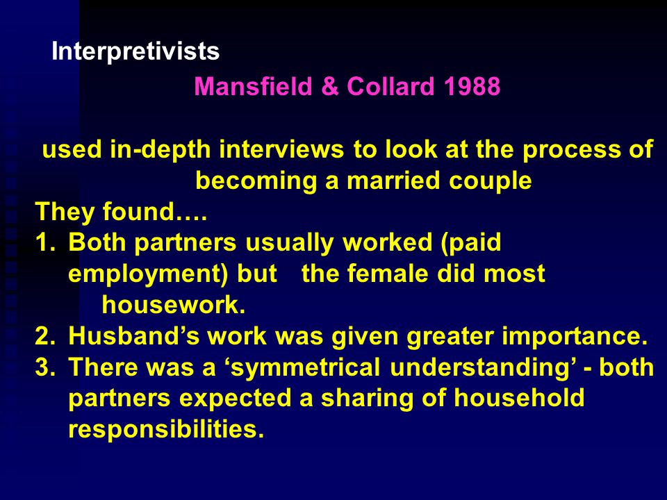 Berger & Kellner 1964 examined marriage and relationships between spouses Looked at meanings attached to being ‘husband’ & ‘wife’ These are centred on mutual expectations, obligations and negotiations between partners.