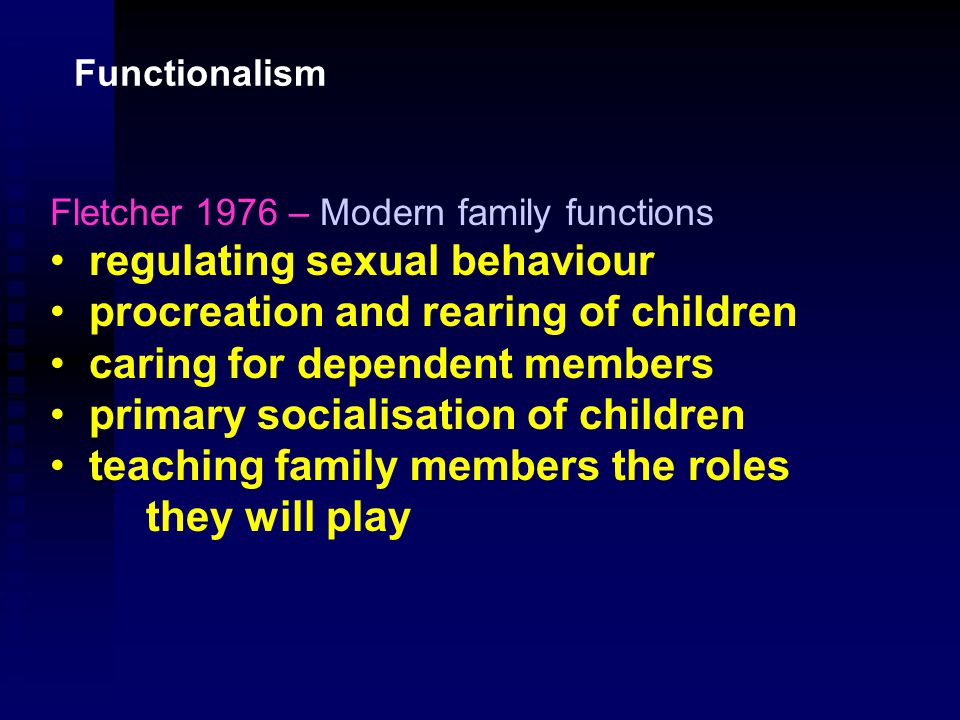 The isolated and ‘private’ nuclear family The functionalist view suggests that the nuclear family has become · Socially isolated from extended kin · More reliant on the Welfare State · Geographically separated from wider kin · More reliant on State nurseries etc The family is self-contained, inward looking with little contact with neighbours and community.