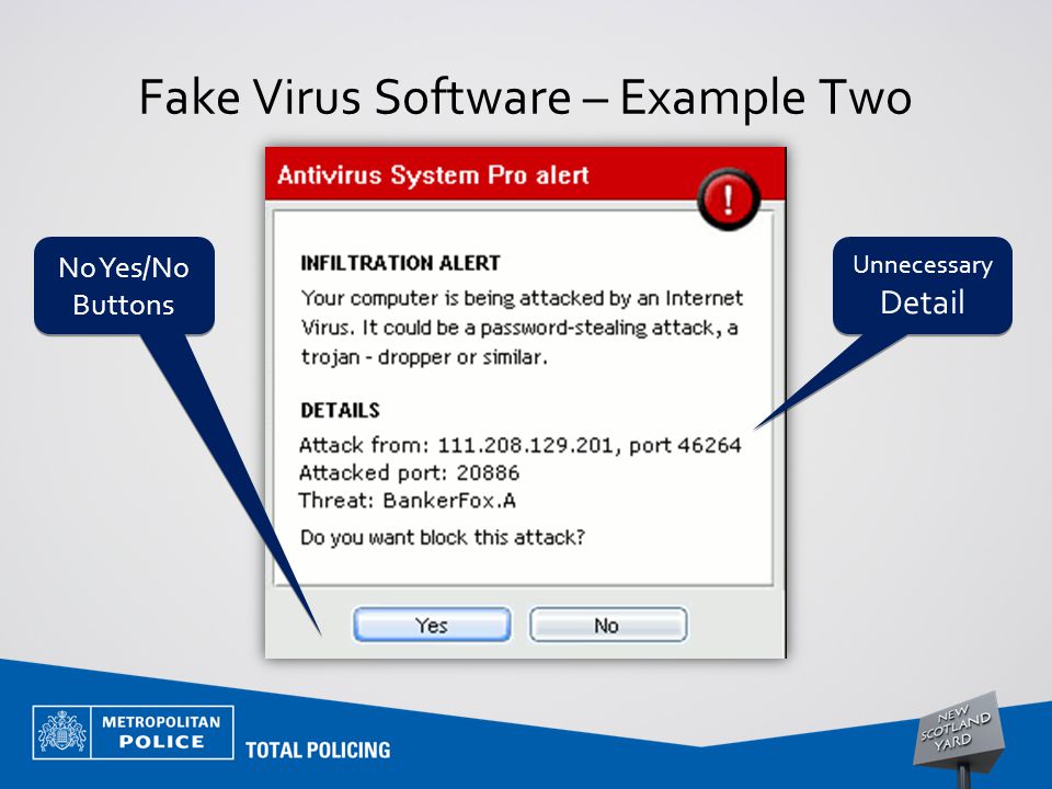 Fake Virus Software – Example Two No Yes/No Buttons Unnecessary Detail Unnecessary Detail