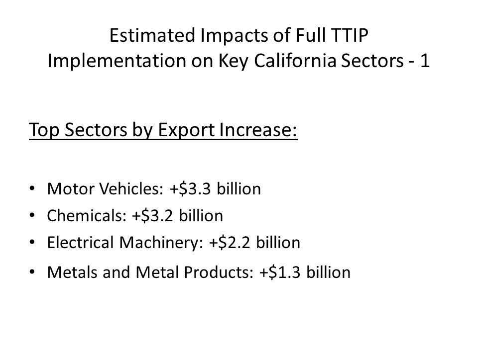 Estimated Impacts of Full TTIP Implementation on Key California Sectors - 1 Top Sectors by Export Increase: Motor Vehicles: +$3.3 billion Chemicals: +$3.2 billion Electrical Machinery: +$2.2 billion Metals and Metal Products: +$1.3 billion