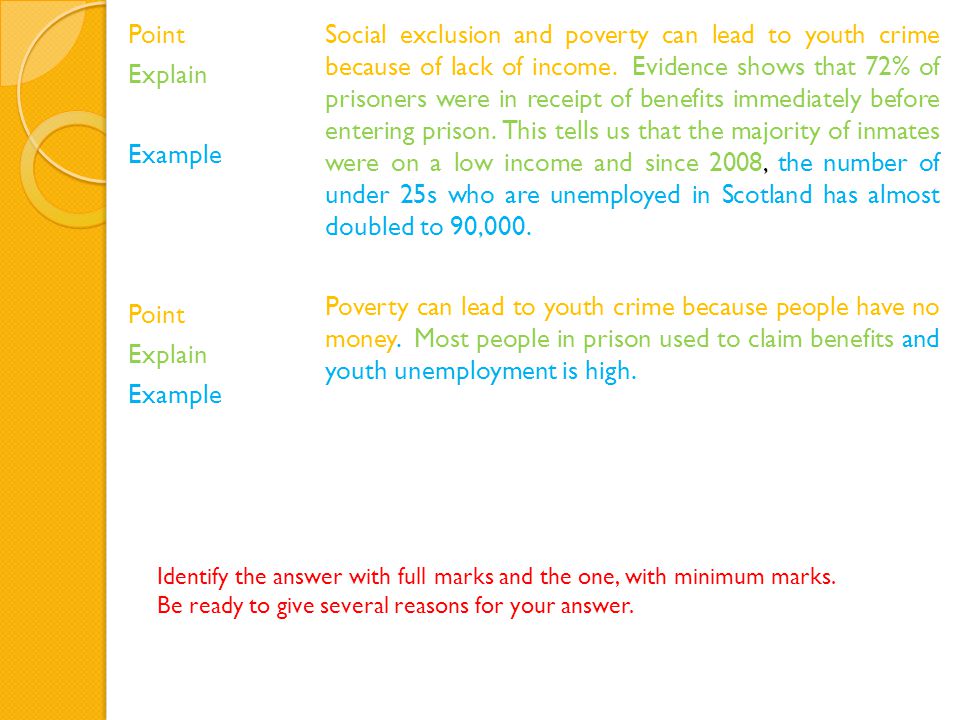 Point Explain Example Point Explain Example Social exclusion and poverty can lead to youth crime because of lack of income.
