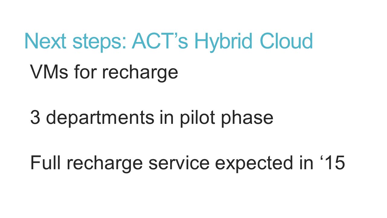 Next steps: ACT’s Hybrid Cloud VMs for recharge 3 departments in pilot phase Full recharge service expected in ‘15