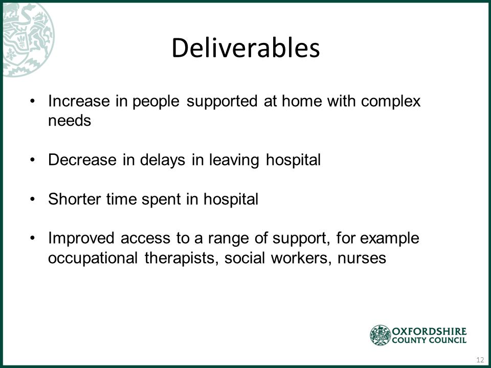 Deliverables Increase in people supported at home with complex needs Decrease in delays in leaving hospital Shorter time spent in hospital Improved access to a range of support, for example occupational therapists, social workers, nurses 12