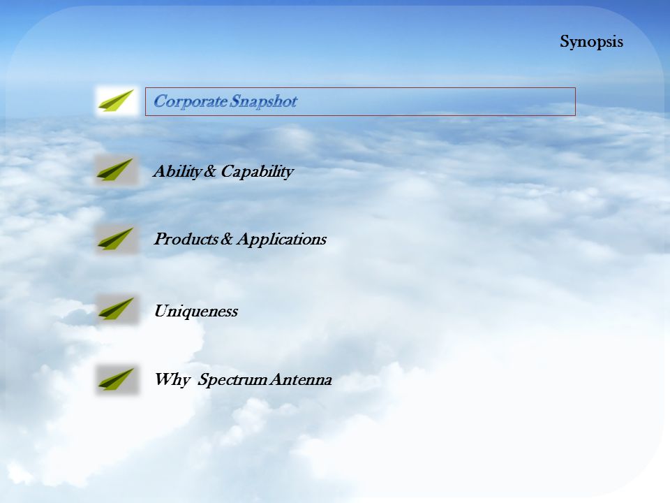 Ability & Capability Products & Applications Uniqueness Why Spectrum Antenna Synopsis