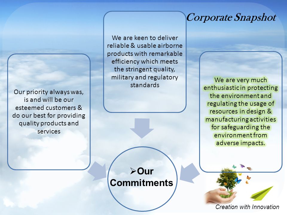 Creation with Innovation Corporate Snapshot  Our Commitments