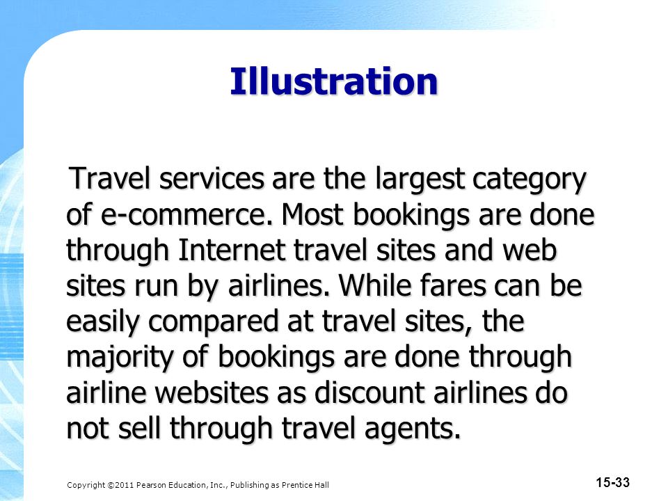 Copyright ©2011 Pearson Education, Inc., Publishing as Prentice Hall Illustration Travel services are the largest category of e-commerce.