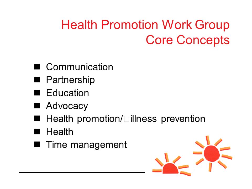 Health Promotion Work Group Core Concepts Communication Partnership Education Advocacy Health promotion/illness prevention Health Time management