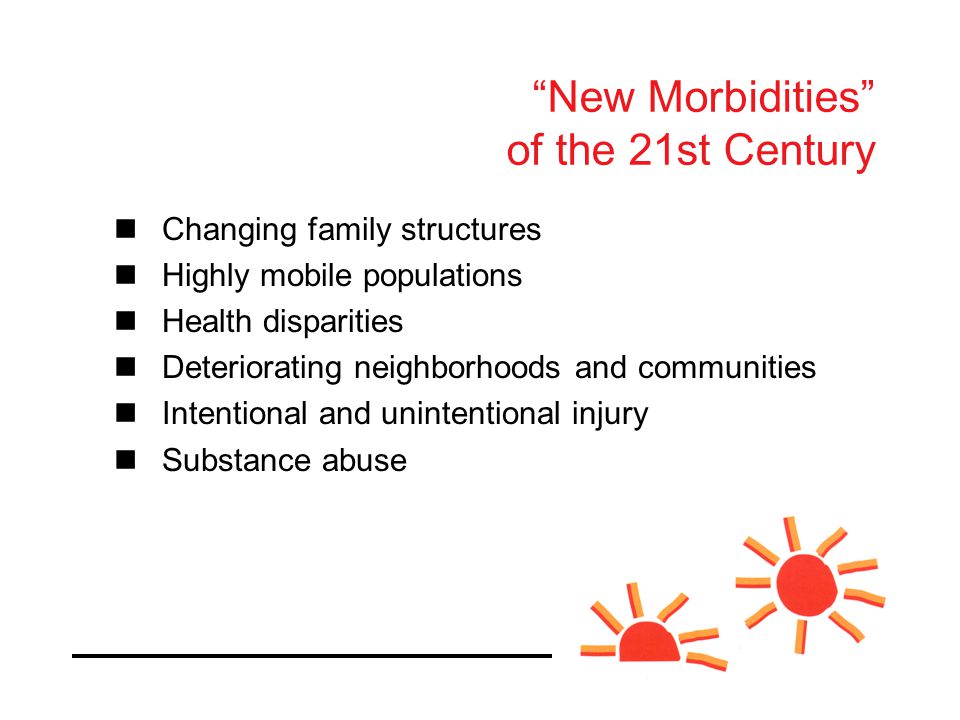 New Morbidities of the 21st Century Changing family structures Highly mobile populations Health disparities Deteriorating neighborhoods and communities Intentional and unintentional injury Substance abuse