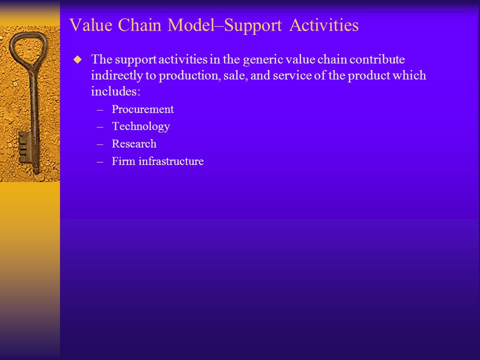 Value Chain Model–Support Activities  The support activities in the generic value chain contribute indirectly to production, sale, and service of the product which includes: –Procurement –Technology –Research –Firm infrastructure