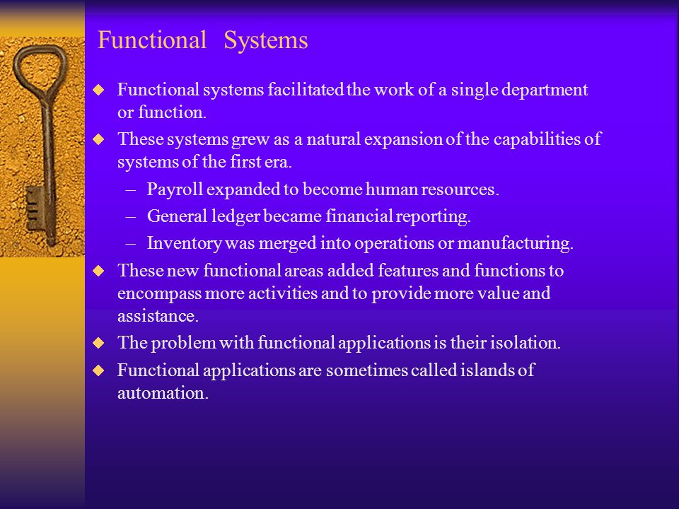 Functional Systems  Functional systems facilitated the work of a single department or function.