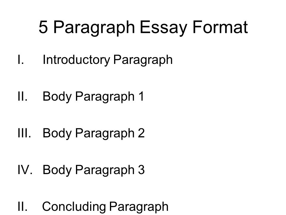 5 Paragraph Essay Format I.Introductory Paragraph II.Body Paragraph 1 III.Body Paragraph 2 IV.Body Paragraph 3 II.