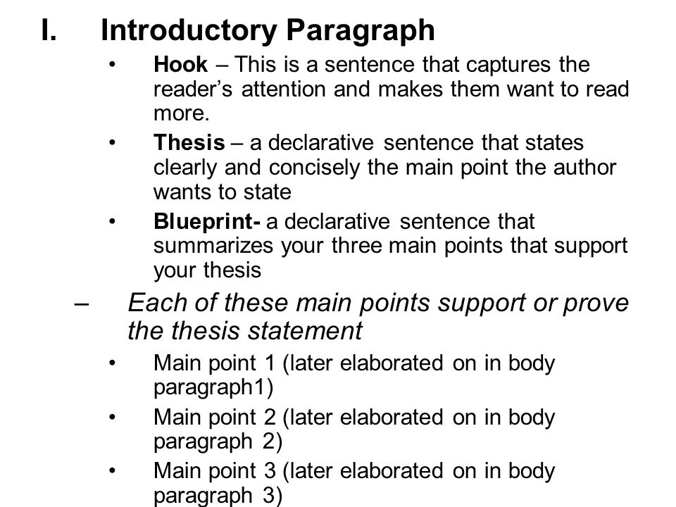 I.Introductory Paragraph Hook – This is a sentence that captures the reader’s attention and makes them want to read more.