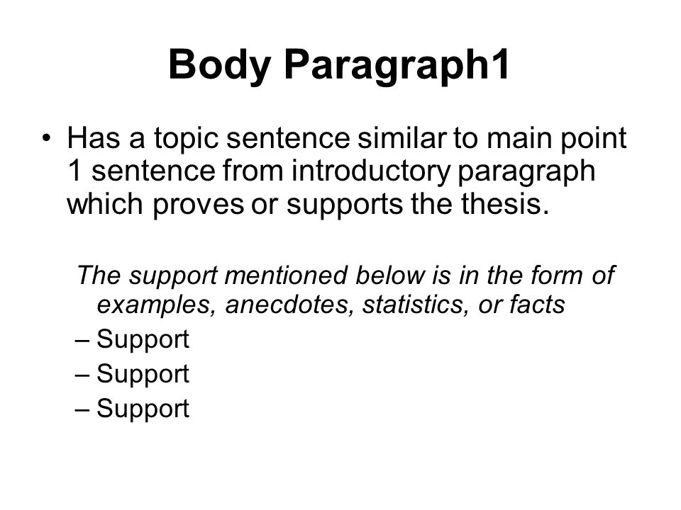 Body Paragraph1 Has a topic sentence similar to main point 1 sentence from introductory paragraph which proves or supports the thesis.