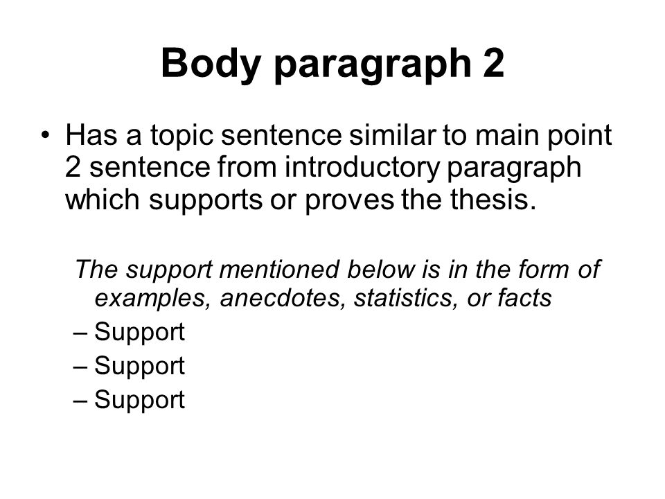 Body paragraph 2 Has a topic sentence similar to main point 2 sentence from introductory paragraph which supports or proves the thesis.
