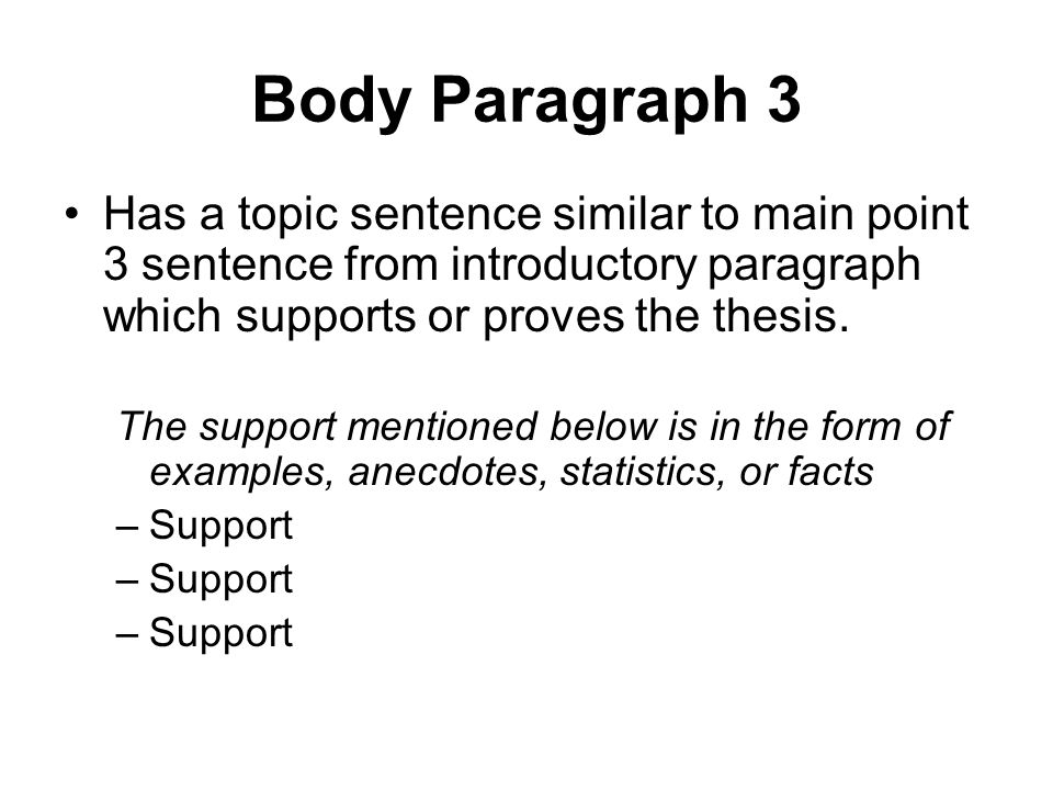 Body Paragraph 3 Has a topic sentence similar to main point 3 sentence from introductory paragraph which supports or proves the thesis.