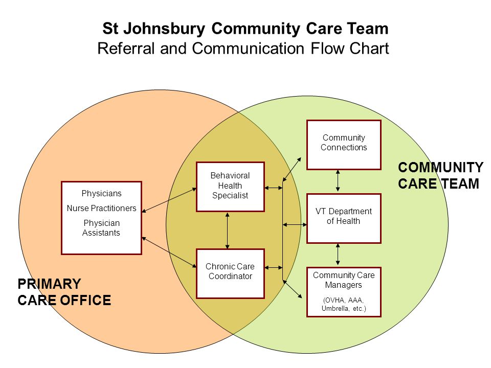 Behavioral Health Specialist Chronic Care Coordinator Community Connections VT Department of Health Community Care Managers (OVHA, AAA, Umbrella, etc.) Physicians Nurse Practitioners Physician Assistants COMMUNITY CARE TEAM PRIMARY CARE OFFICE St Johnsbury Community Care Team Referral and Communication Flow Chart