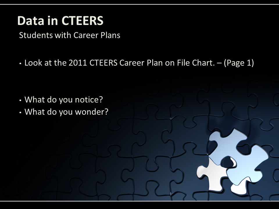 Data in CTEERS Look at the 2011 CTEERS Career Plan on File Chart.