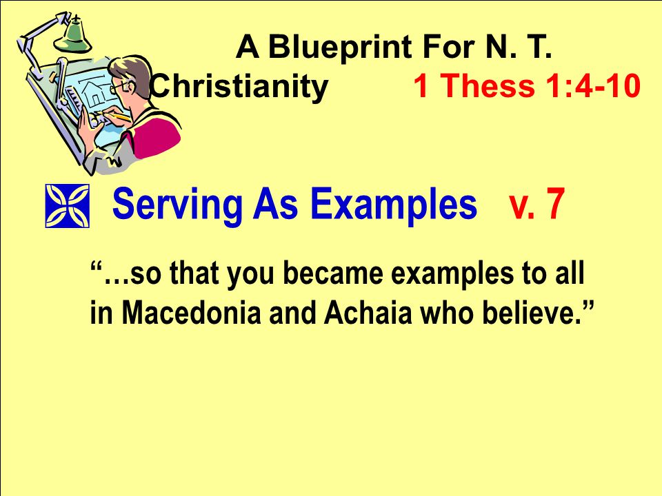 A Blueprint For N. T. Christianity 1 Thess 1:4-10 Ì Serving As Examples v.