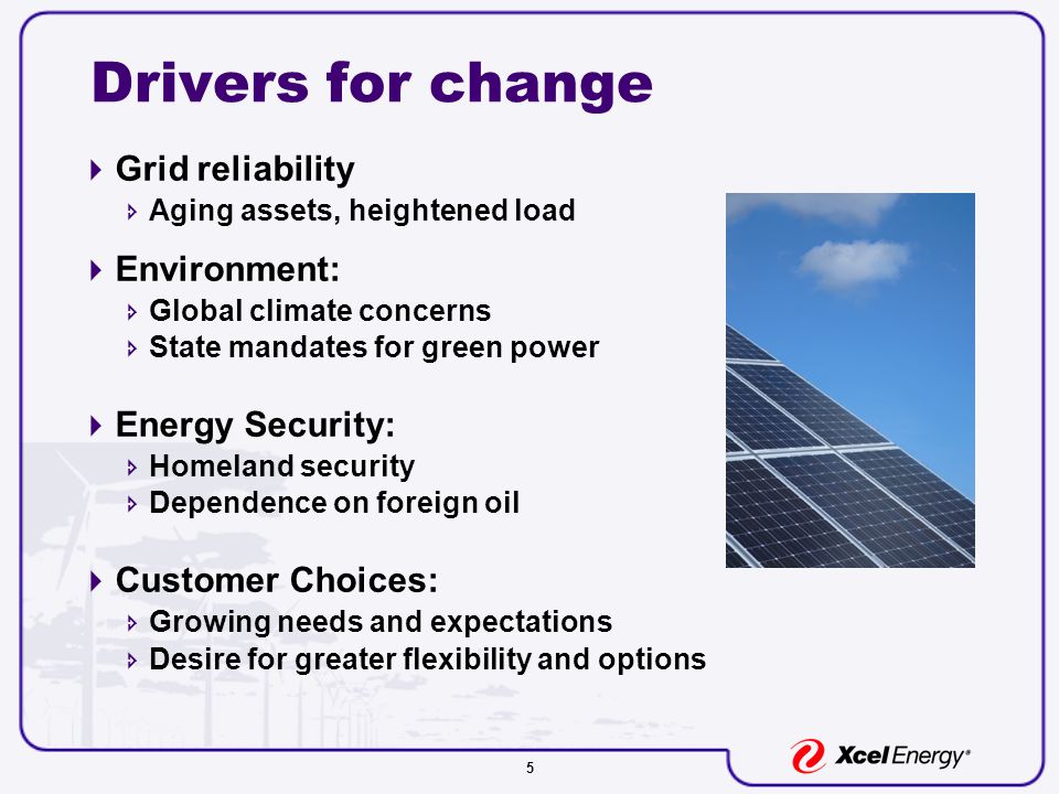 5 Drivers for change  Grid reliability  Aging assets, heightened load  Environment:  Global climate concerns  State mandates for green power  Energy Security:  Homeland security  Dependence on foreign oil  Customer Choices:  Growing needs and expectations  Desire for greater flexibility and options
