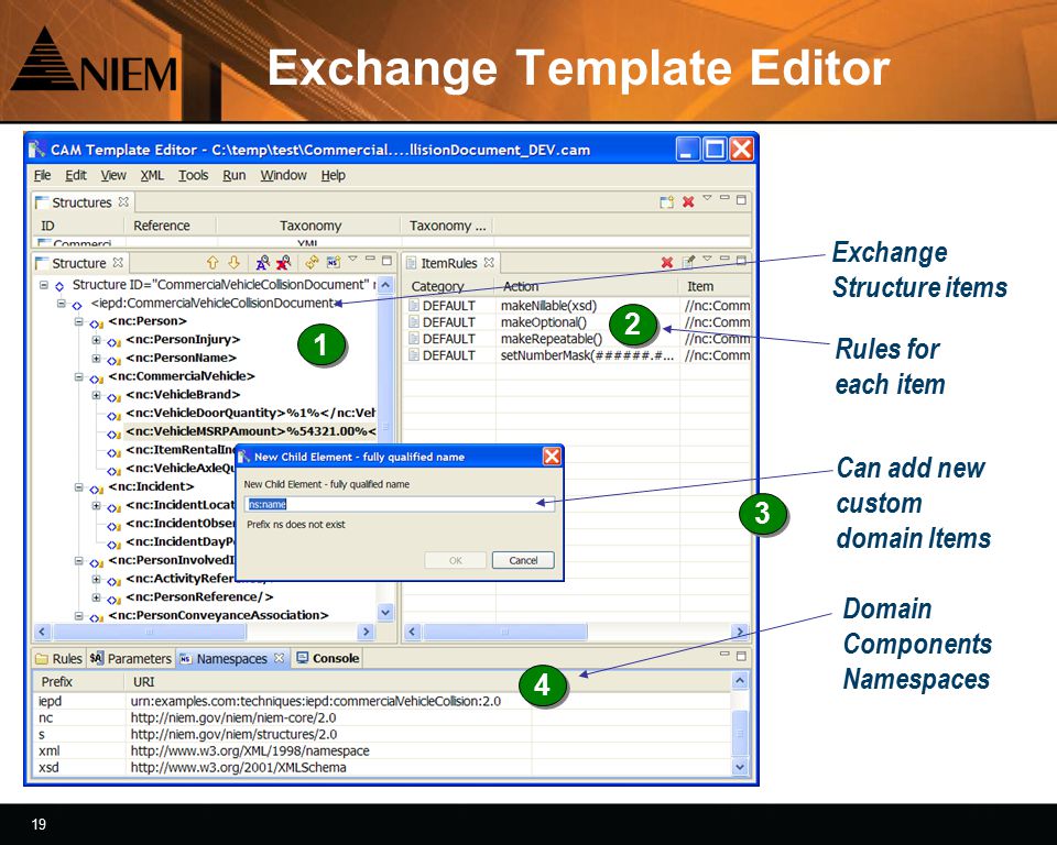 19 Exchange Template Editor Exchange Structure items Rules for each item Domain Components Namespaces Can add new custom domain Items